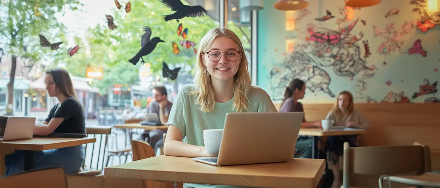 Eine Frau sitzt im Café und schreibt auf ihrem Notebook