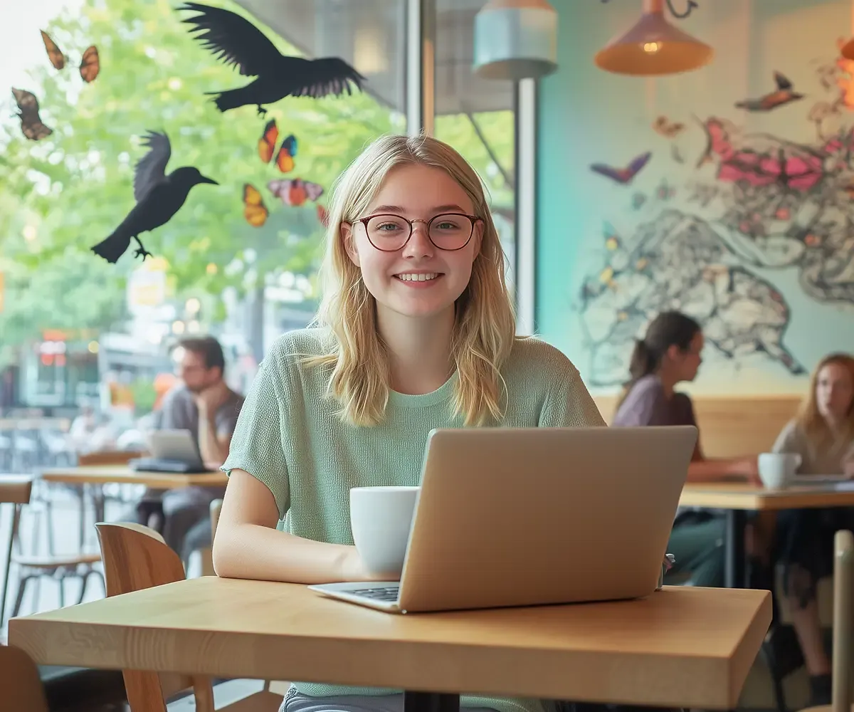 Frau am Laptop in einem Café
